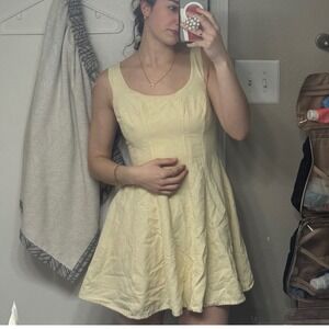 Joprae Yellow Linen Blend Fit and Flare Mini Dress Smocked Back Small